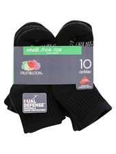 FRUIT OF THE LOOM UNISEX YOUTH ANKLE SOCKS, BLACK, 10 PACK, SIZE SMALL 4.5-8