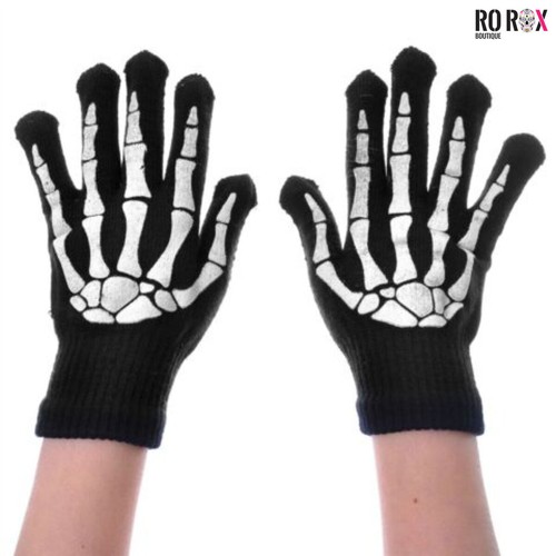 Poizen Industries Skeleton Gloves Bones Long Fingerless Goth Halloween Winter - Picture 4 of 5