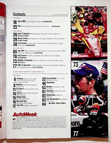 2000 June 5 Autoweek Magazine Montoya Indy 500 Nascar Charlotte Mazda Acura MDX - Picture 2 of 2