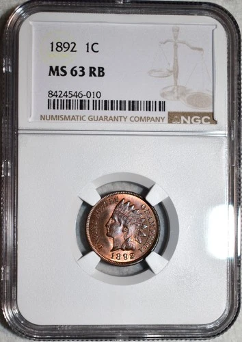 NGC MS-63 RB 1892 Indian Head Cent, Blazing, Red-Brown, PQ specimen.