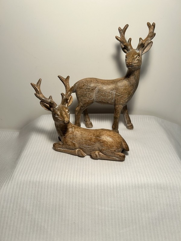 Pair Of Resin Deer Figurines Realistic Faux Wood Finish Art Decor