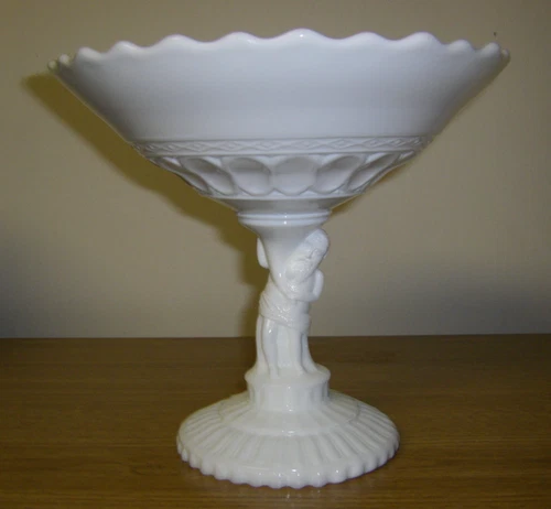 Vintage Atterbury ATLAS Hercules Milk White Glass 8" Pedestal Compote Bowl
