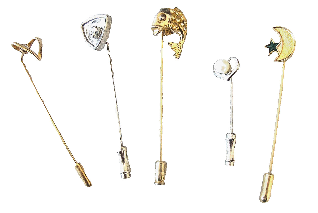 Vintage Stick Pin Lot of 5 Hearts Mushroom Fish Crescent Moon Gold Silver Tone