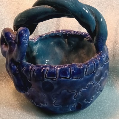 Handmade Studio Art Pottery Ceramic Blue Green Ashtray Trinket Dish with Handle