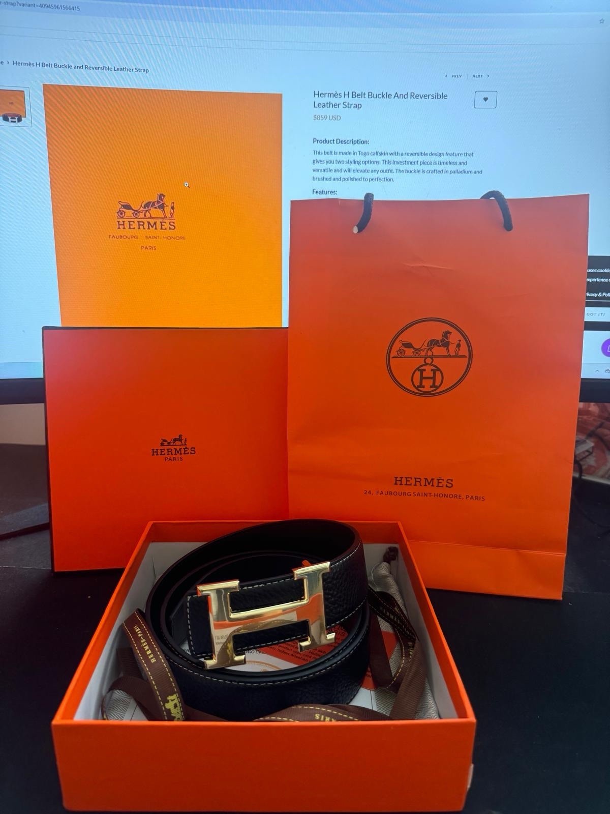 HERMES Edith Black Leather Belt with Golden H Buckle 115cm-image