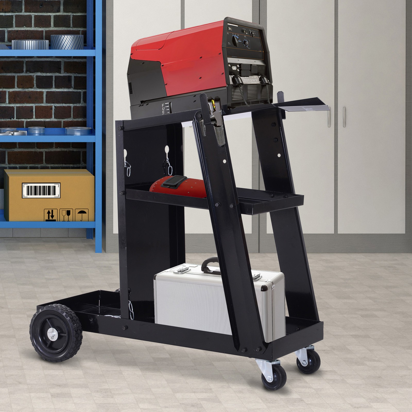Three-Tier Welding Cart Universal Storage for Gas Bottles w/ Safety Chain, Black