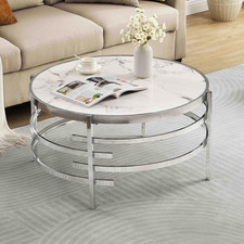 Modern 32" Round Faux Marble Coffee Table with Sleek Silver Metal Base