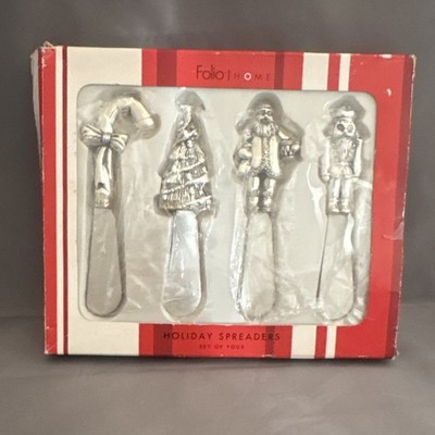 Folio Home Holiday Christmas Cheese Knives Spreaders Set of 4 Silver Metal