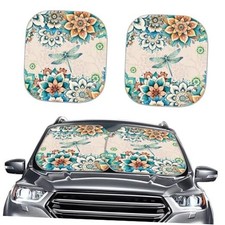 Car Windshield Sun Shade 2Pcs Bright Blossom Floral Bohemian Flower Dragonfly