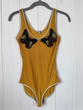 Fashion Nova Yellow Butterfly Embellished mesh scoop-neck bodysuit