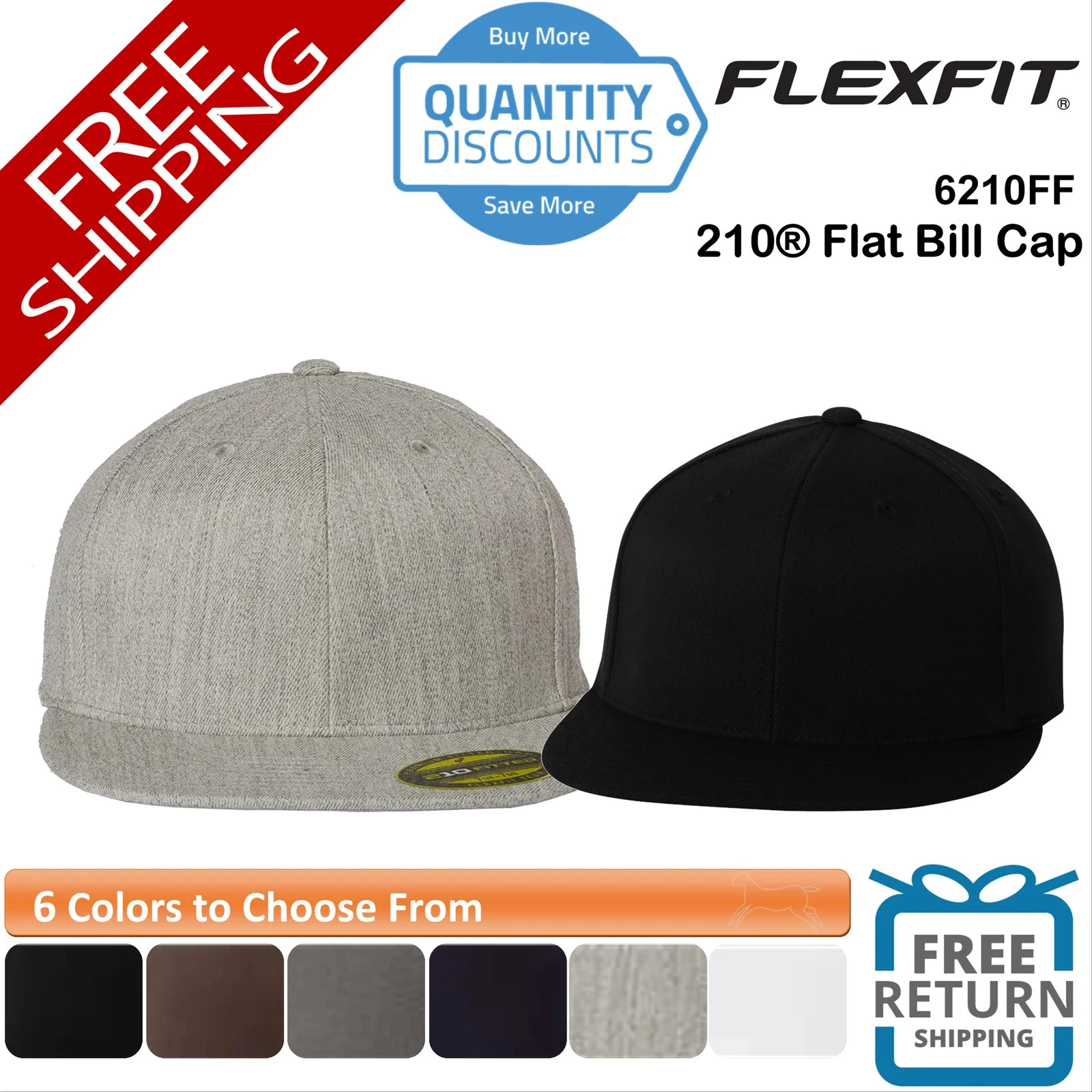🔥 Flexfit 210 Flat Bill Cap Hat six-panel, high-profile 2 Sizes 6210FF