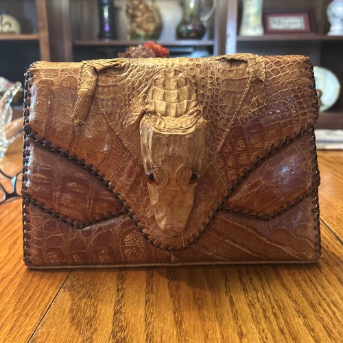 Vintage Crocodile Alligator Leather Handbag Purse w/ Head 10”