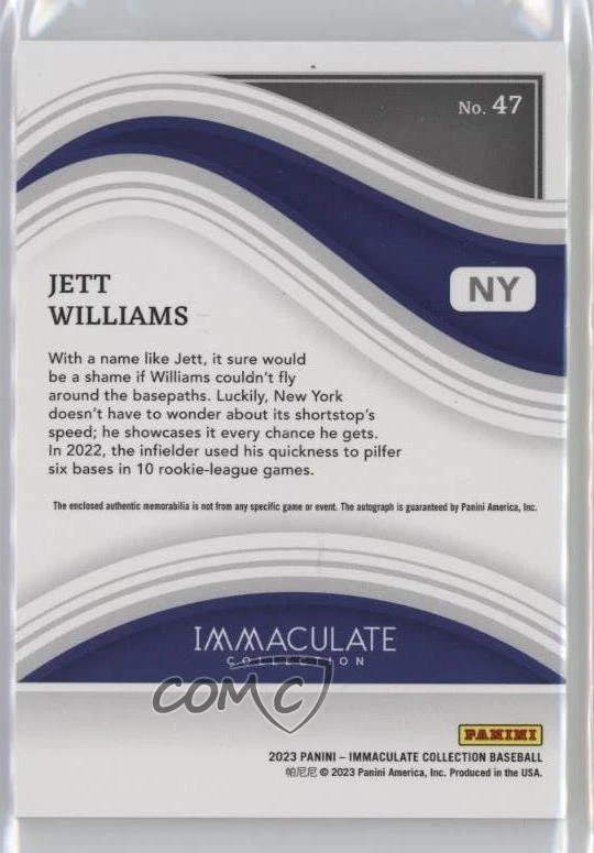 2023 Panini Immaculate Prospect Patch Auto /99 Jett Williams #47 Patch Auto - Image 2 of 2