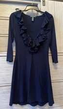 Ralph Lauren Navy Chiffon Ruffled V Neck A- Line Midi Dress Womens Size XS
