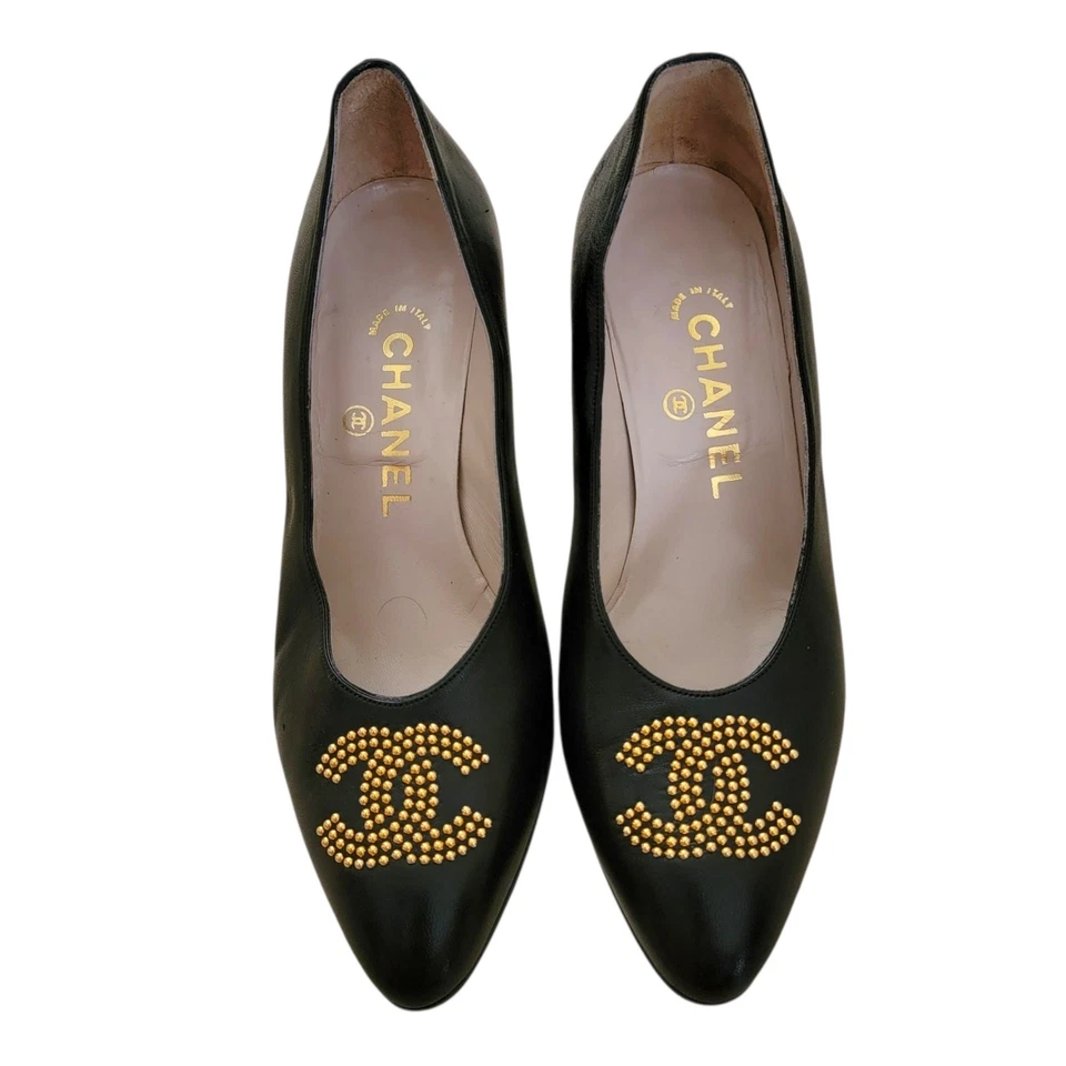 Chanel Vintage Black Leather Pumps Gold Beaded CC Logo Heels 36.5 / US 6 - Image 2 of 4