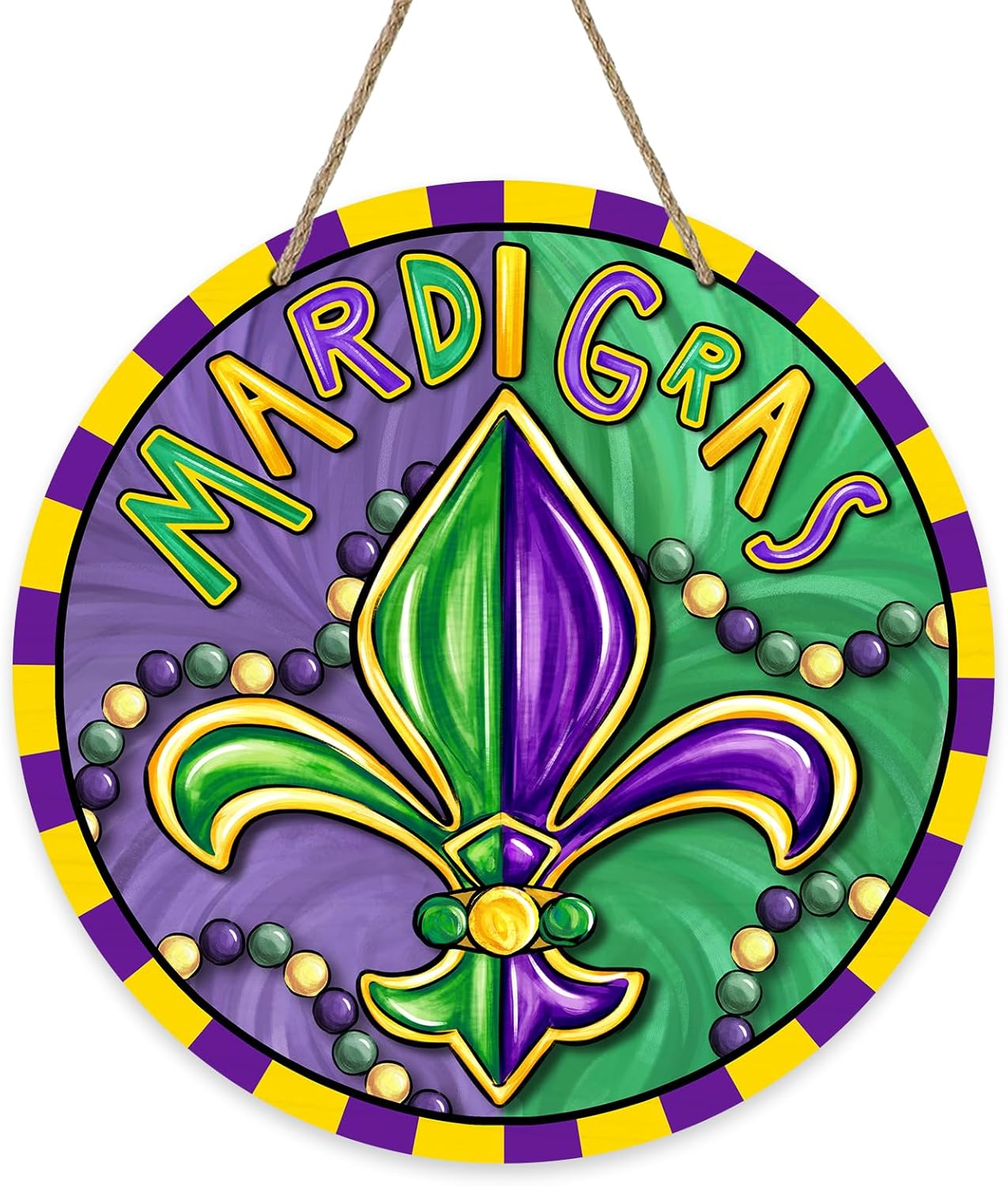 Mardi Gras Fleur De Lis Front Door Sign, Beads New Orleans Carnival Wood Door Ha