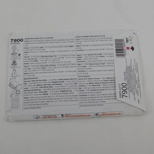 Simplicity Crafts 7900 Sewing Pattern Bedding Clothes Dress Cape for 18" Doll UC - Picture 2 of 3