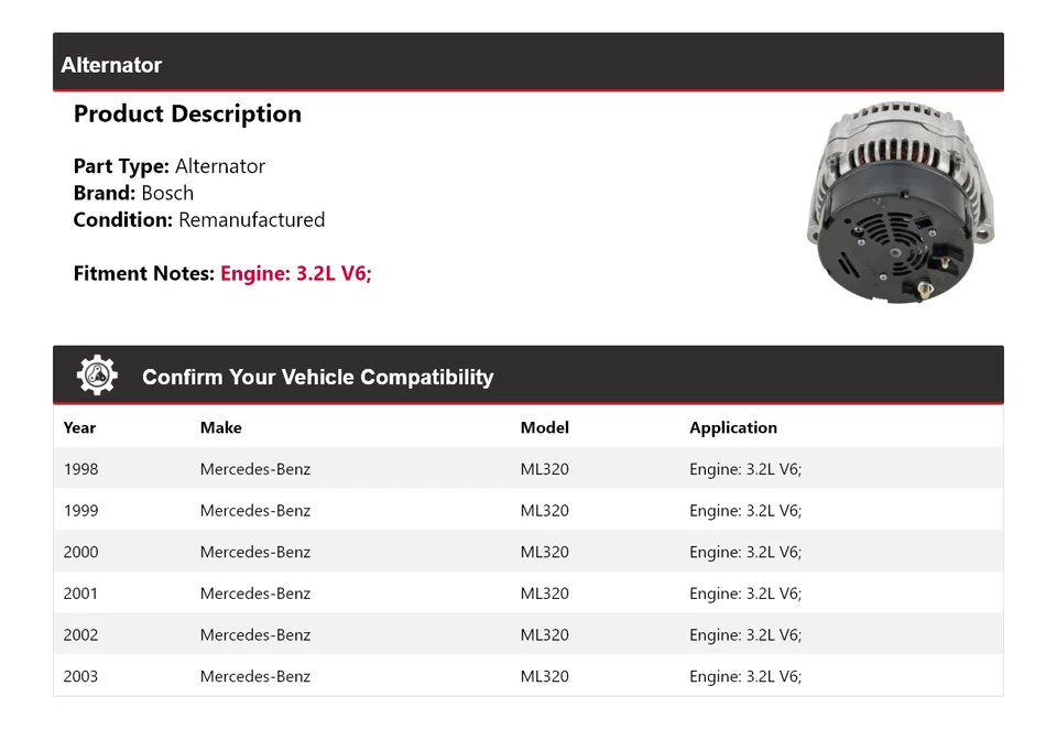Alternador Bosch para Mercedes ML320 1998-2003 3,2 L V6 (Remanufacturado) 1999 2000 Foto 2 de 4