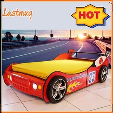 Twin Size Race Car-Shaped Wooden Platform Bed Frame w/Headboard Wheels for Kids