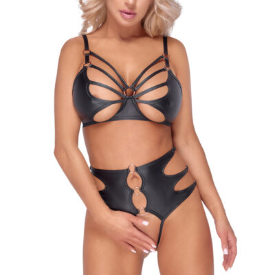 Sexy BH Set schwarz Dessous Erotik Reizwäsche Schritt offen Wetlook''Cheryl''
