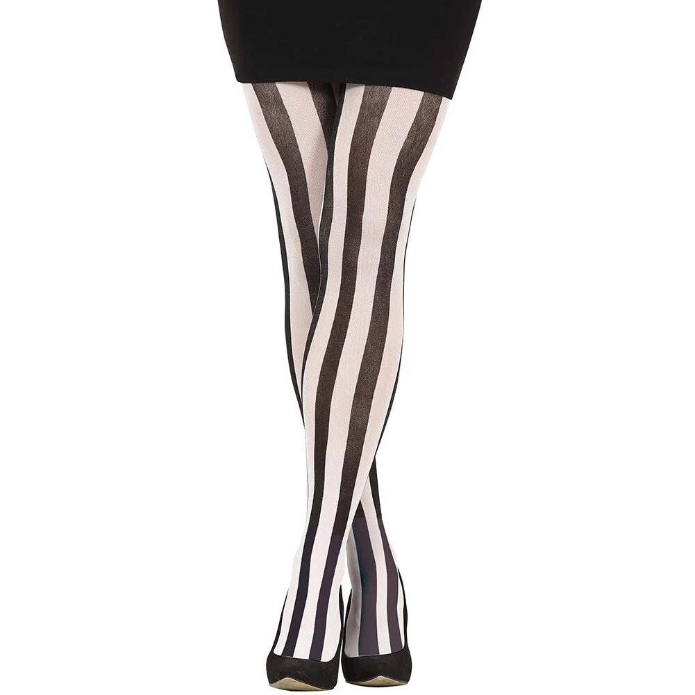 Movie Fancy Dress Ladies Opaque Vertical Striped Tights Black & White fg