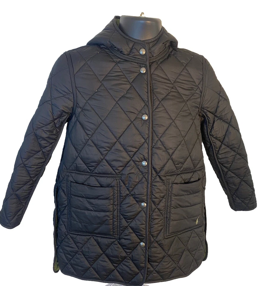 Chaqueta Polo Ralph Lauren Niñas Mediana 8-10 Negra Verde Acolchada Reversible Con Capucha Foto 2 de 4