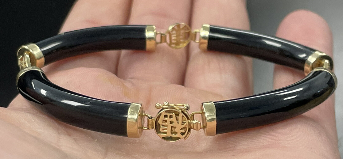 Vintage 14K Yellow Gold Black Onyx Link Chinese Bracelet 7