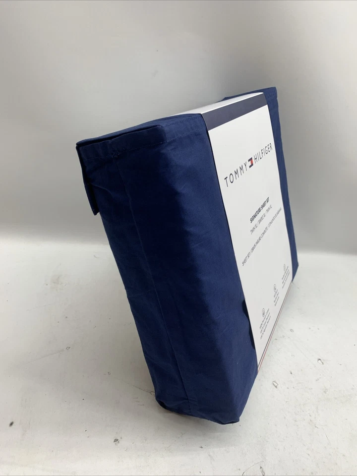 Conjunto de lençóis Tommy Hilfiger azul escuro sólido XL assinatura 100% algodão premium - Imagem 2 de 4