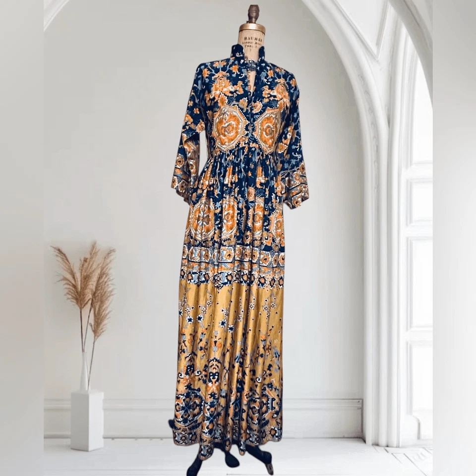 Maxi Vestido Oscar de la Renta Vintage Años 70 Azul Marino y Dorado Talla 8 LEER DESCRIPCIÓN Foto 2 de 4