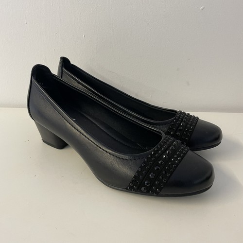 Graceland Shoes Black Leather Comfort Slip On Court Diamonte Round Toe Size 4 37 - Picture 1 of 11