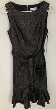 Calvin Klein Sleeveless Belted Staggered Hem Dress Black / Champagne Size 6 NWT