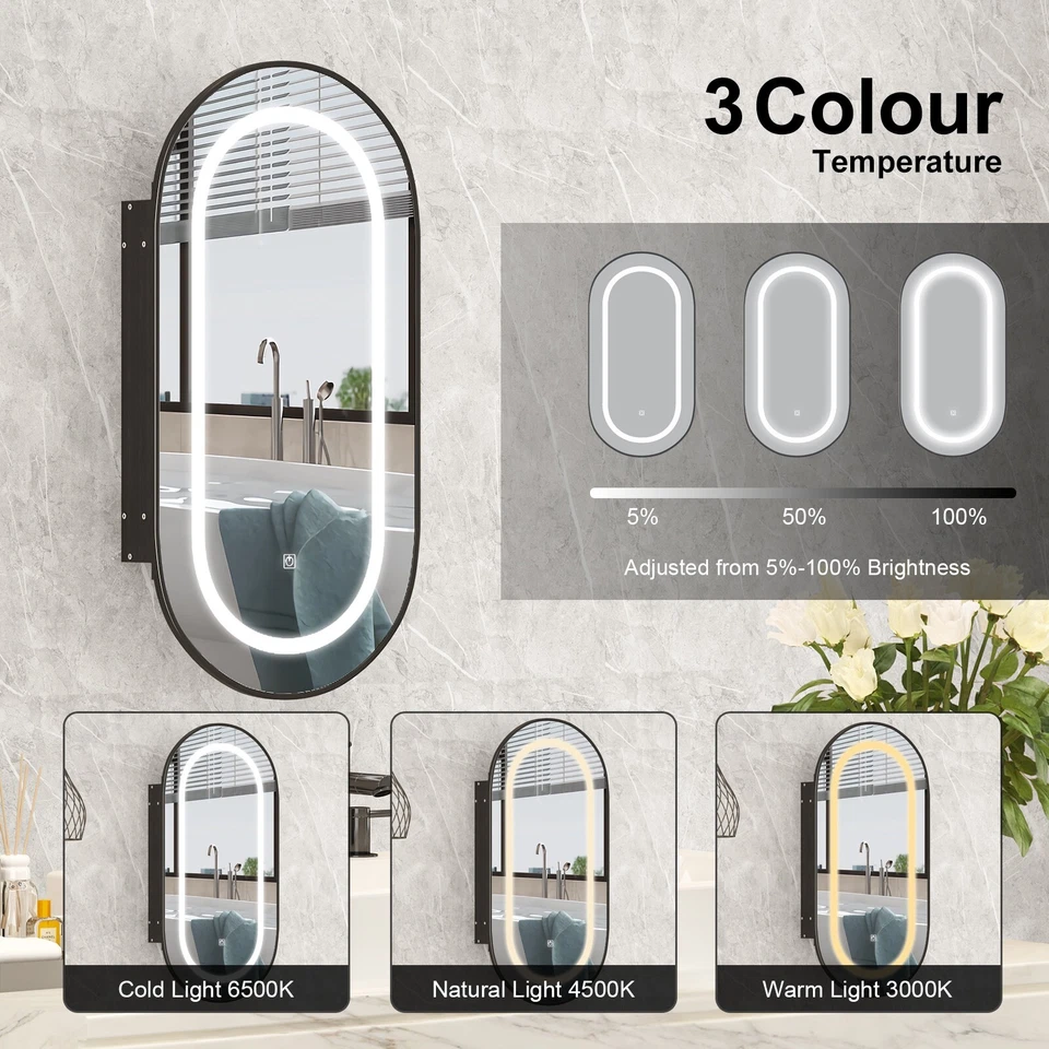Bright Oval LED Bathroom Mirror Medicine Cabinet Dimmable Lighted Vanity Mirror - Image 3 of 4