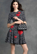 🆓US🛃SS2015 Dolce&Gabbana hearts applique floral printed cady black dress IT 40
