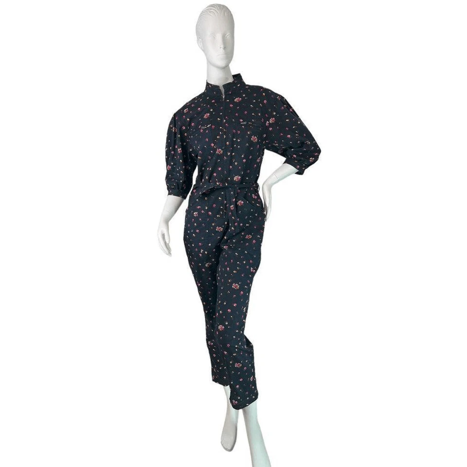 Macacão Rebecca Taylor preto floral com zíper mangas folhadas, colarinho mandarim tamanho 0 - Imagem 2 de 4