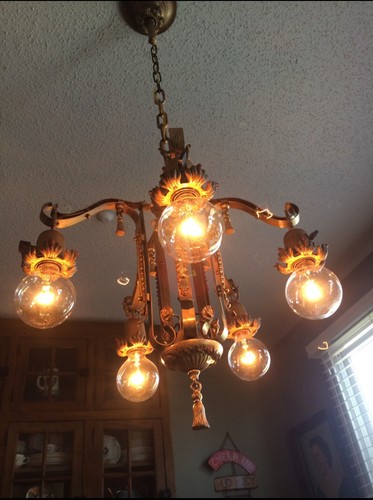 Rare Vintage 1920s 30's Ceiling Light ART Nouveau Poly chrome Chandelier 5 light - Picture 8 of 24