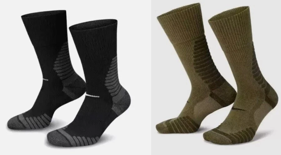 Nike 2 Pack Outdoor Hiking Crew Wool Blend DRI FIT Black Olive Socks Mens FD8472