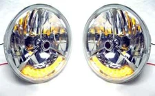 Street Hot Rod 7" Tri Bar Red Dot H4 Headlights w/ Amber LED Turn Signals 12v