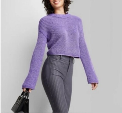 Women s Wild Fable Cropped Long Sleeve Rolled Hem Sweater Purple XS NEW!