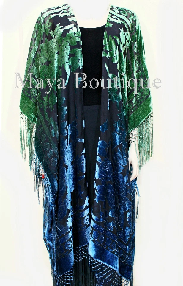 Chaqueta Kimono Caftán Arte Usable Azul Verde Terciopelo Teñido a Mano Maya Matazaro Foto 2 de 4
