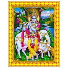 Lord Gopala Krishna Murali Gopal Cow Calf Wall Painting Framed