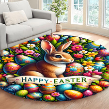 1pc Happy Easter Bunny & Floral Egg Round Floor Mat - Vibrant Spring Colors In