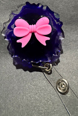 Purple Retractable Badge Reel ID/Document Holder Plastic w/ Pink Bow Women
