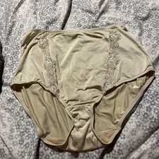 VANITY FAIR Second Skin Beige Satin Panties Sz 7 Hi Rise Brief Lace