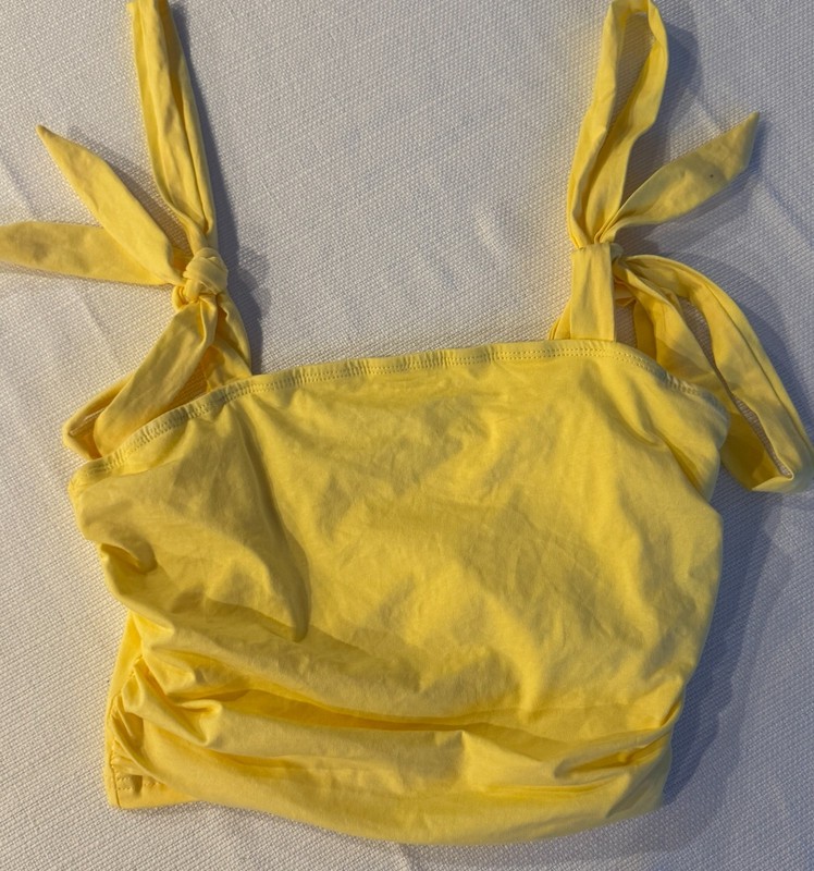 SHEIN Yellow Tie Shoulder Crop Tank Top Size Small Ruched Side Stretch Cami