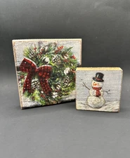 Primitives by Kathy 2 Hand Painted Wood Block Wall Shelf Decor WREATH SNOWMAN