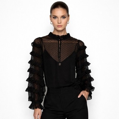 Cleobella Pheobe Black Swiss Dot Ruffle Blouse Boho Whimsigoth Dark Romance S
