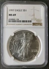 1997 $1 American Silver Eagle Dollar NGC MS69