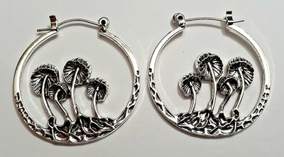 Silver Tone Mushroom Hoop Earrings Boho Chic