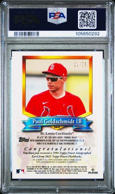 Topps 2021 Finest Flashbacks Paul Goldschmidt #94H-PG Auto Refractor /25 PSA 10 view 2