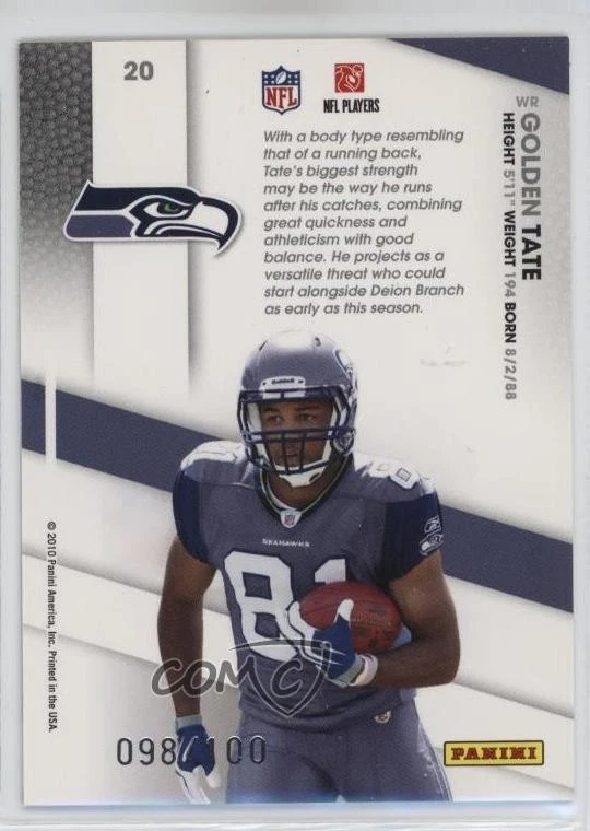 2010 Certified Certified Potential Red /100 Golden Tate #20 Rookie RC - Image 2 of 2